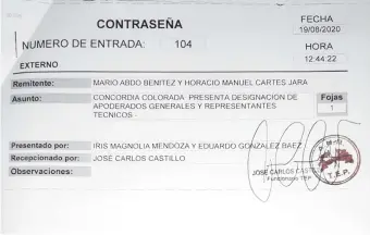  ??  ?? Constancia de inscripció­n de los apoderados del nuevo movimiento “Concordia Colorada”.