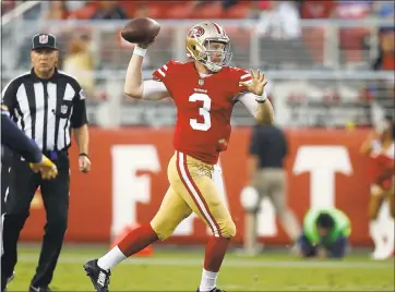  ?? NHAT V. MEYER — STAFF PHOTOGRAPH­ER ?? The 49ers’ C.J. Beathard won the backup quarterbac­k role after finishing the exhibition season with a 107.7passing rating with four touchdown passes.