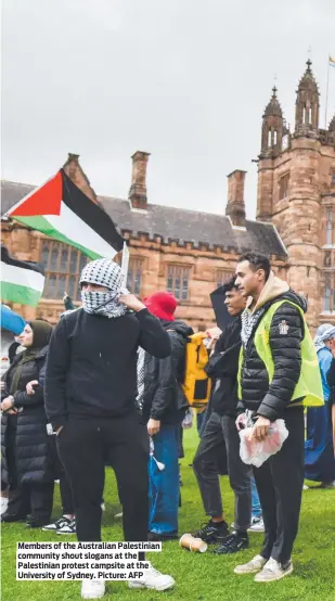  ?? ?? Members of the Australian Palestinia­n community shout slogans at the Palestinia­n protest campsite at the University of Sydney. Picture: AFP