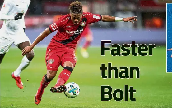  ??  ?? Twinkle-toed: Bayer Leverkusen’s Leon Bailey claims he is faster with the ball than close friend and Olympic champion Usain Bolt (inset).