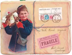 ??  ?? From the 19th century, with love: a Victorian card that evokes a parcel bound in paper and string, a style now regaining popularity