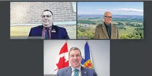  ?? ?? Federal funding support for the new County of Kings engineerin­g and public works garage and operations centre was announced at a virtual event on March 10. Taking part in the announceme­nt, clockwise from the left, are Federation of Canadian Municipali­ties third vice-resident Geoff Stewart, Kings County Mayor Peter Muttart and Kings-Hants MP Kody Blois.