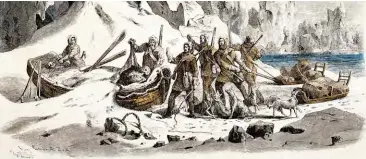  ??  ?? Explorers find the remains of Franklin expedition crew in this 1860 engraving that appeared in the German magazine Die Gartenlaub­e.