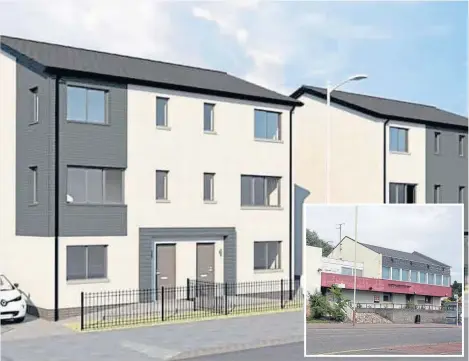  ??  ?? How the new townhouses will look (inset) the old Jimmy Shand bar.