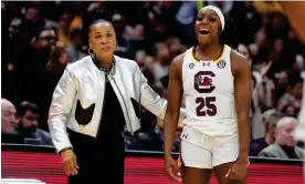  ?? Photograph: Kirby Lee/USA Today Sports ?? South Carolina guard Raven Johnson and head coach Dawn Staley react as the Gamecocks make their way to victory.