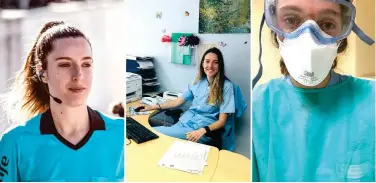  ?? Agence France-presse ?? ↑
A combo pictures made shows Spanish nurse and semi-profession­al football referee Iragartze Fernandez officiatin­g a match (left), at a hospital desk (centre) and at a hospital in Bilbao during the COVID-19 coronaviru­s outbreak.