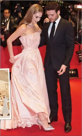  ??  ?? YOU WILL GO TO THE PREMIERE: Lily James in Jimmy Choo and Richard Madden at the opening of Cinderella last year. Inset: Jimmy Choo in Dubai