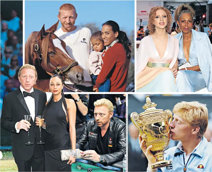  ?? ?? Clockwise from left: Boris Becker’s athleticis­m seduced Britain; with son Noah and his first wife Barbara; Anna Ermakova, Becker’s daughter who was conceived on a one-night stand, and her mother Angela Ermakova; Wimbledon winner in 1985; at the poker table; with his second wife Lilly