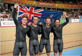  ?? PHOTOSPORT ?? Jordan Kerby, far right, with New Zealand team-mates Campbell Stewart, Tom Sexton and Aaron Gate after winning gold in the men’s team pursuit event at the recent Commonweal­th Games.