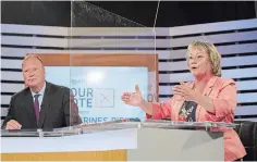  ?? JULIE JOCSAK TORSTAR ?? Liberal candidate Ryan Madill and NDP candidate Jennie Stevens participat­e in the YourTV debate in Niagara Falls.