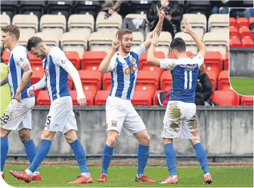  ??  ?? Kilmarnock’s Stuart Findlay celebrates his goal with Jordan Jones