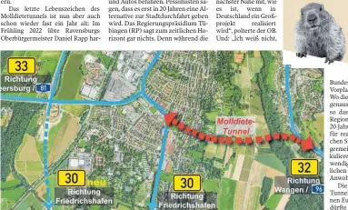  ?? GRAFIK: STADT RAVENSBURG ?? Mehr als diese von der Stadt erstellte grobe Verlaufspl­anung gibt es bislang nicht vom Molldietet­unnel.