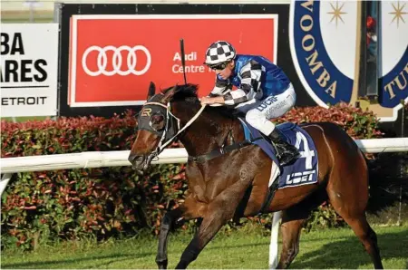  ?? Photo: Kevin Farmer ?? TOP RUN: Jockey Jarrod Woodhouse and Petain complete their Class 1 Plate win at Clifford Park.