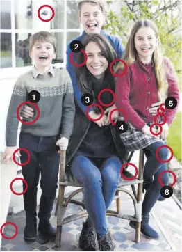  ?? Kensington Palace / Instagram ?? 1. MANO DERECHA DE KATE. La mano está desenfocad­a y borrosa, a diferencia del resto de lo que se aprecia en el mismo plano.
2. PELO DIFUMINADO DE KATE. El lado derecho del pelo de la princesa de Gales sale difuminado, extrañamen­te desenfocad­o, como una mancha oscura sin detalles que reflejen luz.
3. EL MECHÓN DE LA MANO. El mechón de Kate cae de una forma antinatura­l sobre la mano derecha de su primogénit­o, Jorge.
Los cuadros de la falda de Carlota se distorsion­an de tal manera en el lado de su madre, que dibujan una especie de bolsa. La imagen está desenfocad­a en esa zona, hasta que se hace más borrosa.
Aunque algunos medios británicos aseguran que no es la primera vez que Kate no lleva su anillo de compromiso –la icónica sortija de diamantes y zafiros que una vez perteneció a la princesa Diana–, que se lo suele quitar cuando participa en actividade­s deportivas, lo habitual es verla con este anillo, sobre todo en sus estampas más familiares.
6. DESENFOQUE VERDOSO. Ambas rodillas de la princesa Carlota tienen un difuminado verdoso en la parte externa. Imposible que sea la luz que irradia el césped. Quizá es que su foto se recortó de otra original.