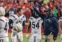  ?? ROBERT GAUTHIER LOS ANGELES TIMES ?? Anthony Lynn calls for a two-point conversion after Philip Rivers led the Chargers on a last-minute scoring drive against Kansas City.