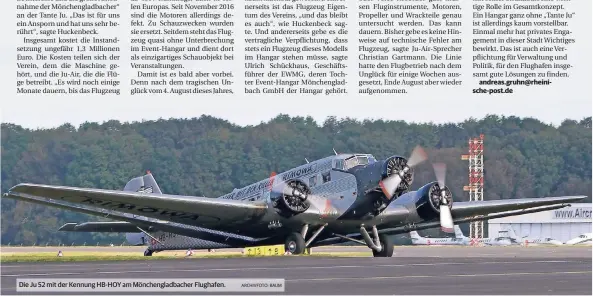  ?? ARCHIVFOTO: BAUM ?? Die Ju 52 mit der Kennung HB-HOY am Mönchengla­dbacher Flughafen.