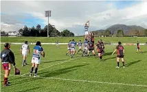  ?? GEORGE HEAGNEY/STUFF ?? Manawatū , wearing Linton Army jerseys, challenge Auckland for a lineout in their pre-season game at Taupō yesterday.