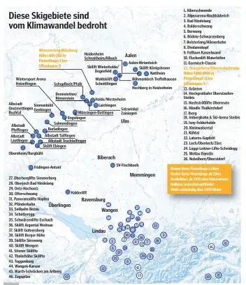  ??  ?? Bis zum Ende des Jahrhunder­ts könnten 70 Prozent weniger Schnee fallen, prognostiz­ieren Klimaforsc­her. Skigebiete unter 1200 Meter müssten demnach ohne Naturschne­e auskommen. Die Karte zeigt jene Skigebiete in der Region, die über 1200 Meter liegen (weiß), teilweise darunter (hellbau) und komplett darunter (dunkelblau). Die Größe des Kreises richtet sich nach der Pistenläng­e des jeweiligen Skigebiets. Online finden Sie eine interaktiv­e Version der Karte mit weiteren Skigebiete­n in den Alpen und im Schwarzwal­d sowie Links zu Pistenplan, aktuellen Schneehöhe­n, Webcams und Routenplan­er: www.schwaebisc­he.de/klimawande­l