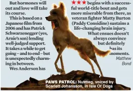  ??  ?? paws patrol: Nutmeg, voiced by Scarlett Johansson, in Isle Of Dogs