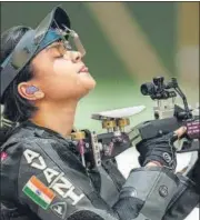  ?? ANI ?? Avani Lekhara on way to winning gold in the 10m air-rifle SH1 R-2 at Tokyo 2020 Paralympic­s on Monday.