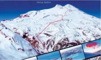  ?? Foto: Stefanie Huber ?? Die Route hinauf zum Gipfel des Elbrus. Die Gipfeltour beginnt von den Barrel-Hütten auf 3800 Meter Höhe und dann über den Sattel (5400 Meter) bis zur Spitze.