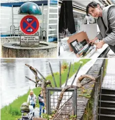  ?? Fotos: Andreas Brücken ?? Kurios – und jetzt zur Kunst erklärt: ein Gitter am Rosengarte­n (Bild unten) und ein Schild am Neu Ulmer Rathaus (oben links). An der „Stiege“verkauft Petra Schmitt im „Museumssho­p“witzige Merchandis­e Artikel (oben rechts).