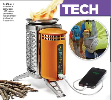  ??  ?? Clean: It includes a carry bag, USB cable, generator, fuel chamber and some firestarte­rs