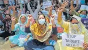  ?? PTI ?? Government employees posted in Kashmir during a protest demanding transfer to their home districts, in Jammu on Monday.