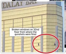  ??  ?? Broken windows on 32nd floor from where the gunshots were fired