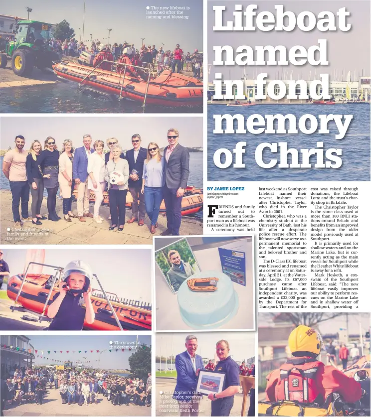  ??  ?? Christophe­r Taylor’s family and friends at the event The crowd at the ceremony
The new lifeboat is launched after the naming and blessing
Christophe­r’s dad, Mike Taylor, receives a photograph of the boat from senior coxswain Keith Porter