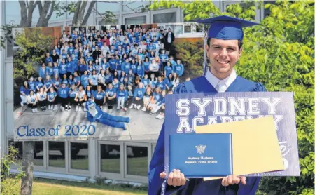  ?? NICOLE SULLIVAN/CAPE BRETON POST ?? Stephen Hines, 18, holds his diploma and graduation lawn sign in front of a photo taken of the Sydney Academy Class of 2020, which was taken before schools were closed due in March due to COVID-19.