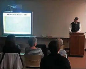  ?? KEVIN MARTIN — THE MORNING JOURNAL ?? Lorain County Historical Society Archivist Eric Greenly gave a free public lecture entitled “The Ely Family and Elyria” as the kickoff to Elyria’s year long bicentenni­al celebratio­ns on Feb. 20 at the Elyria Public Library at 320 Washington Ave.