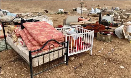  ??  ?? The belongings of 73 people who were forcibly displaced by Israeli forces stand in the Jordan Valley in the occupied West Bank. Photograph: United Nations