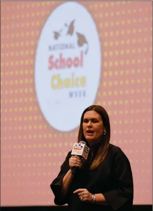  ?? (Arkansas Democrat-Gazette/Thomas Metthe) ?? Gov. Sarah Huckabee Sanders speaks to attendees at the the National School Choice Rally on Monday at the Statehouse Convention Center in Little Rock.