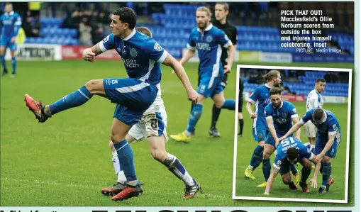  ?? PICTURE: Media Image ?? PICK THAT OUT! Macclesfie­ld’s Ollie Norburn scores from outside the box and injures himself celebratin­g, inset