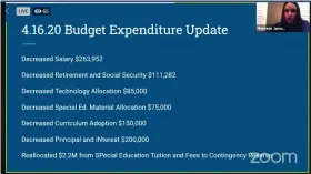  ?? IMAGE FROM SCREENSHOT ?? A slide explaining cuts and savings made to the draft $65.8 million 2020-2021 budget.