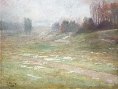  ??  ?? John La Farge (1835-1957), Winter Thaw, 1874. Oil on panel, 9¼ x 12 in., signed and dated lower left: ‘J. Lafarge 1874’.
