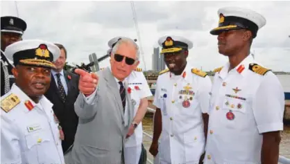  ??  ?? L-R: Chief of Naval Staff, Vice Admiral Ibok-Ete Ibas; Prince Charles of Wales; Flag Officer Commanding, Western Naval Command, Rear Admiral Habila Ngalabak, and Commandant Joint Maritime Security Training Centre, Captain Noel Madugu, onboard NNS EKULU in Lagos during the monarch’s visit to the Nigerian Navy