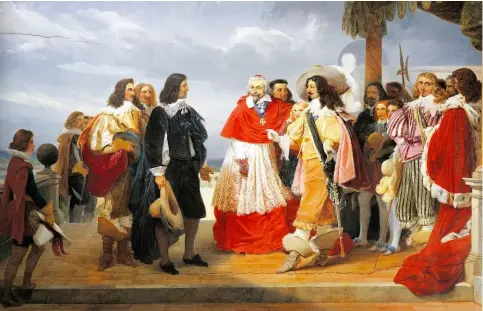  ??  ?? Poussin, arrivant de Rome, est présenté à Louis XIII par le cardinal de Richelieu en 1640. Cette toile, datée de 1832 et signée Jean Alaux, est visible au musée du Louvre.