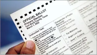  ?? MELISSA PHILLIP — VIA THE ASSOCIATED PRESS ?? A mail-in primary election ballot Jan. 31in Missouri City, Texas. A matching identifica­tion number is required by Texas’ new law.