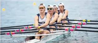  ?? PHOTO: SHARRON BENNETT ?? Powering away . . . Otago Boys’ High School’s winning under18 coxed quad crew of (back to front) Ben Mason, Thomas Ryan, Peter Rower, Henry Wilson take off from the start at the Otago rowing championsh­ips at Lake Ruataniwha last weekend.