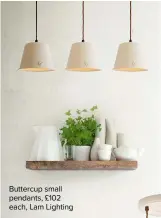  ??  ?? Buttercup small pendants, £102 each, Lam Lighting