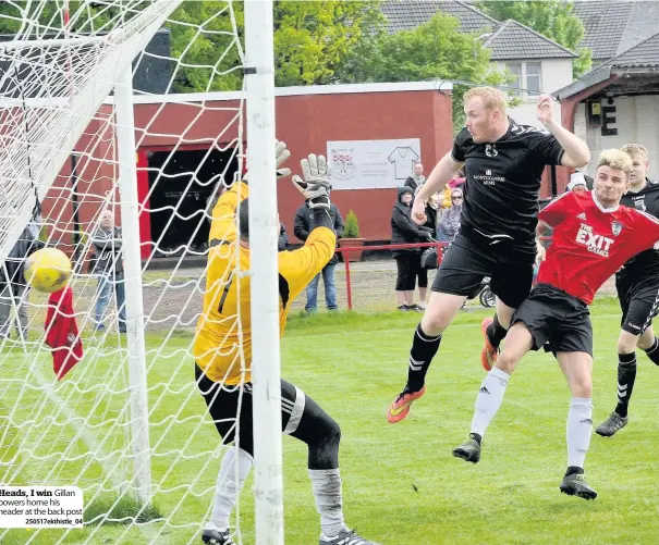  ??  ?? Heads, I win Gillan powers home his header at the back post 250517ekth­istle_04