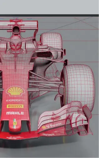  ??  ?? Clockwise from above: digital rendering of Ferrari includes underlying wireframe and halo; F1 airflow wake visualisat­ion; rear-wing turbulence; downforce visualisat­ion.
Far left: Aston
Red Bull concept. Centre left: Ferrari internal airbox ducting...