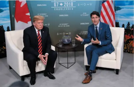  ?? CP PHOTO ?? Prime Minister Justin Trudeau meets with U.S. President Donald Trump at the G7 leaders summit in La Malbaie, Que., on Friday. Trudeau’s government says it will keep calm and carry on trade negotiatio­ns with the U.S.