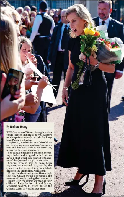  ?? ?? CHARMING: The Countess of Wessex engaging with well-wishers on a walkabout at Buckingham Palace yesterday