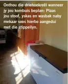  ??  ?? Onthou die driehoekre­ël wanneer jy jou kombuis beplan: Plaas jou stoof, yskas en wasbak naby mekaar soos hierbo aangedui met die stippellyn.