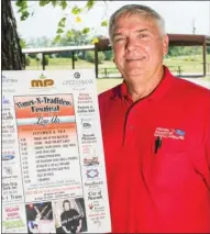  ?? WILLIAM HARVEY/THREE RIVERS EDITION ?? Ernie Pectol, a member of the Newark Area Chamber of Commerce entertainm­ent committee, stands in the Newark City Park with a poster for the Times-N-Traditions Festival.