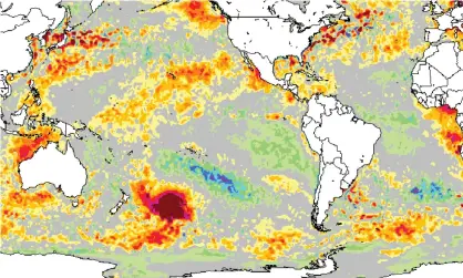  ?? Photograph:Supplied ?? The hot blob off the NZ coast, seen here as a patch of dark red east of New Zealand