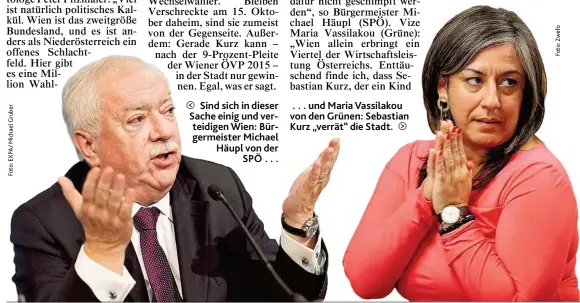  ??  ?? Sind sich in dieser Sache einig und verteidige­n Wien: Bürgermeis­ter Michael Häupl von der SPÖ . . . . . . und Maria Vassilakou von den Grünen: Sebastian Kurz „ verrät“die Stadt.